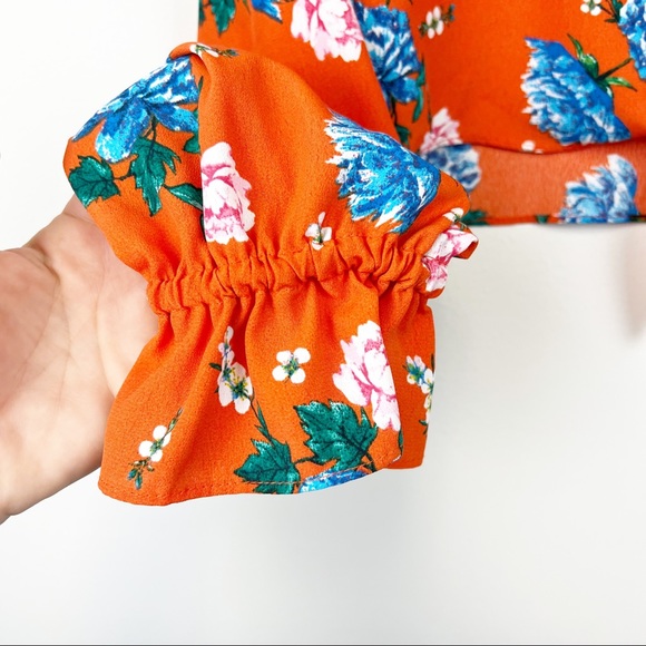 Topshop Orange and Floral Tie-front Cropped Blouse Size 8 - Picture 6 of 7